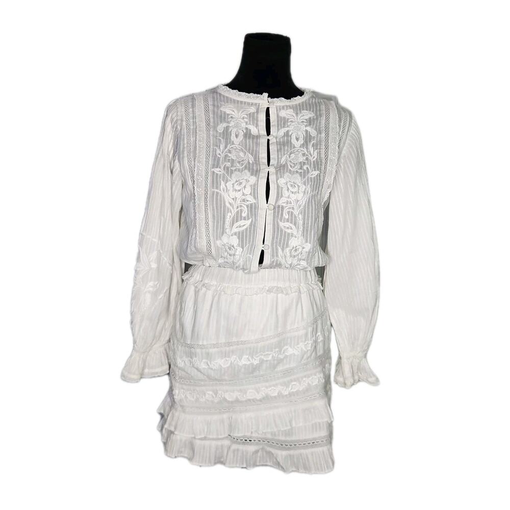 LoveShackFancy Gloria Cream Puff Mini Skirt & Blouse Set White Lace XS READ PLS